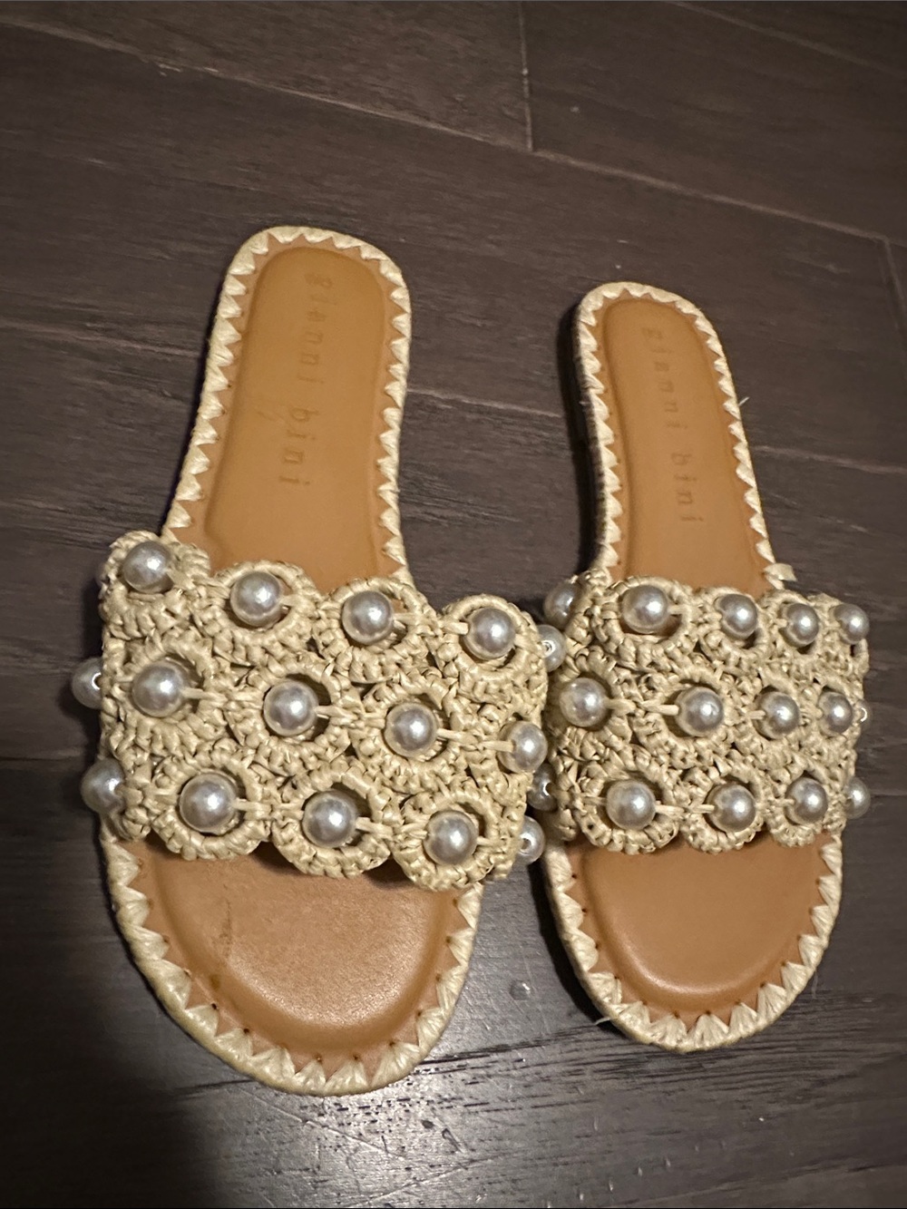Gianni Bini Beige Crochet Slide Sandals with Pearl Accents